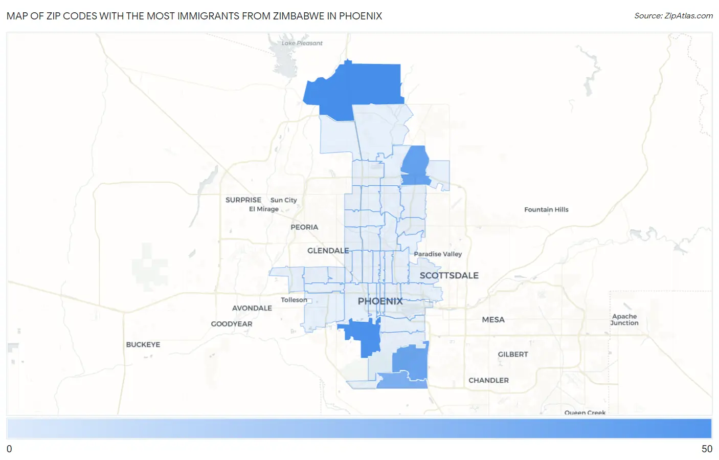 Zip Codes with the Most Immigrants from Zimbabwe in Phoenix Map