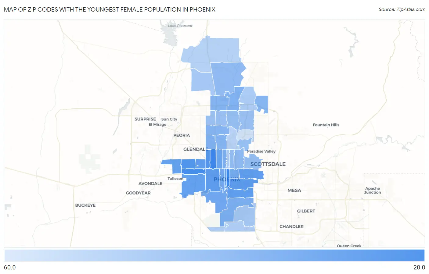 Zip Codes with the Youngest Female Population in Phoenix Map