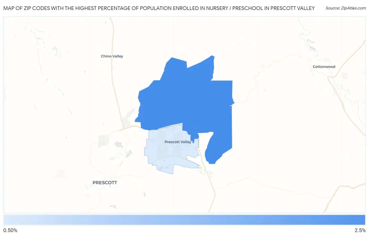 Zip Codes with the Highest Percentage of Population Enrolled in Nursery / Preschool in Prescott Valley Map