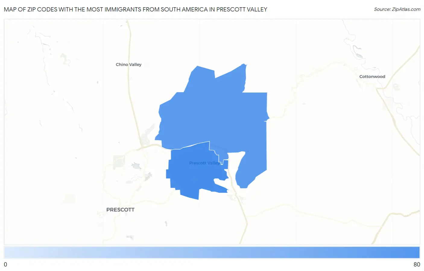 Zip Codes with the Most Immigrants from South America in Prescott Valley Map