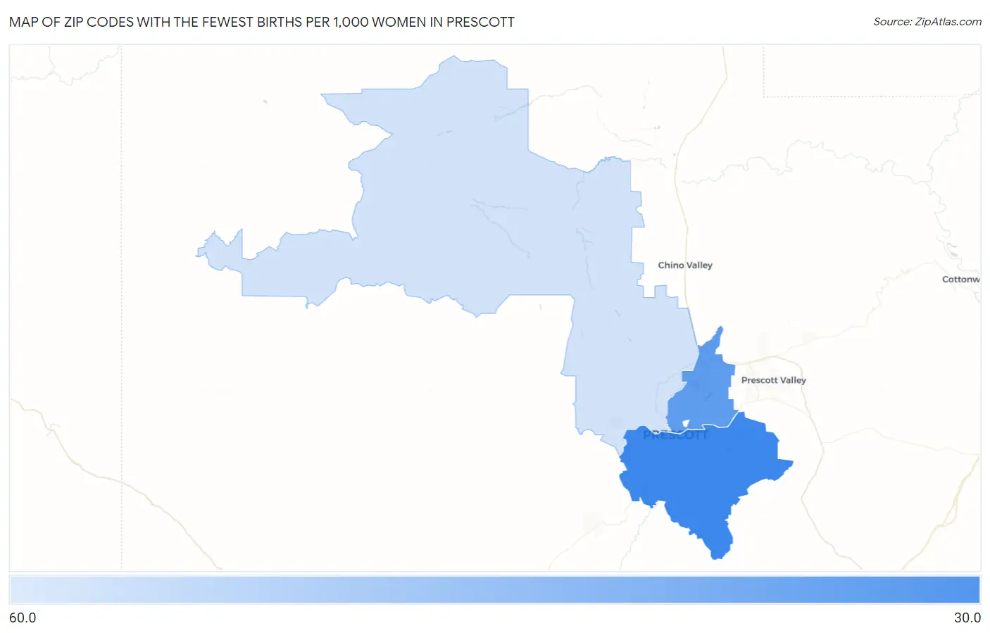 Zip Codes with the Fewest Births per 1,000 Women in Prescott Map