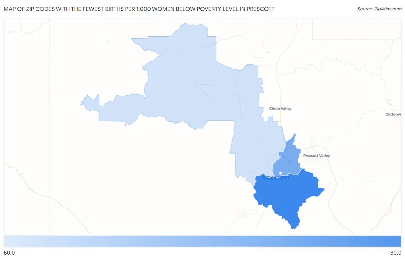 Zip Codes with the Fewest Births per 1,000 Women Below Poverty Level in Prescott Map