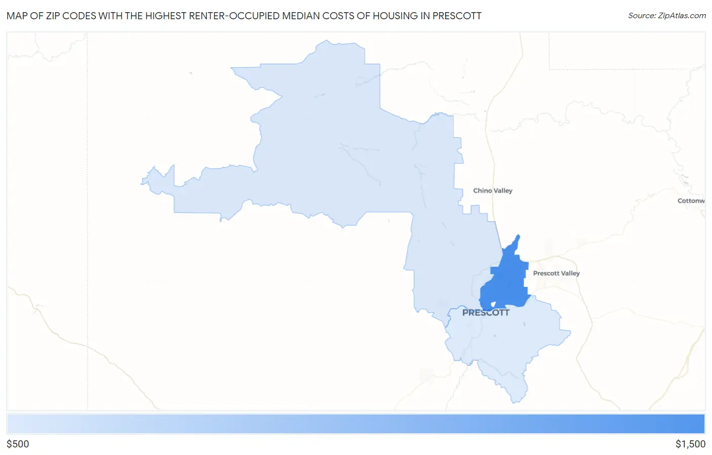 Zip Codes with the Highest Renter-Occupied Median Costs of Housing in Prescott Map