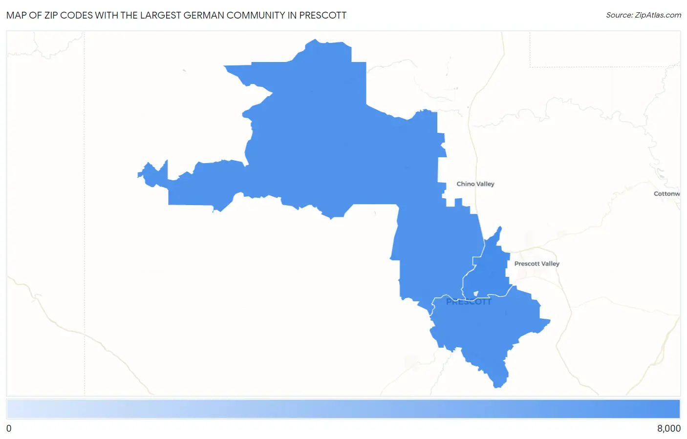 Zip Codes with the Largest German Community in Prescott Map