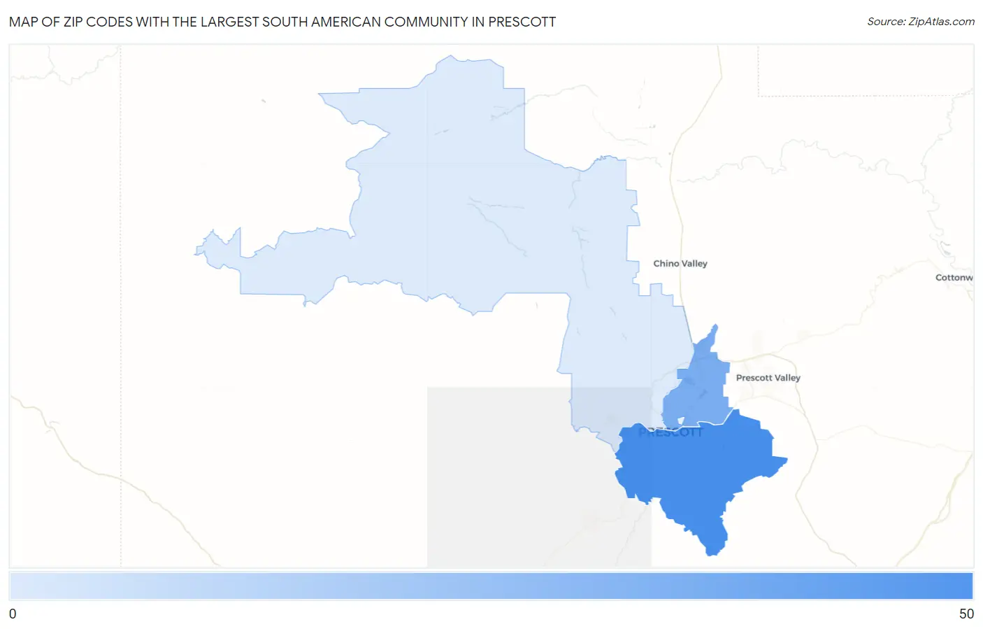 Zip Codes with the Largest South American Community in Prescott Map