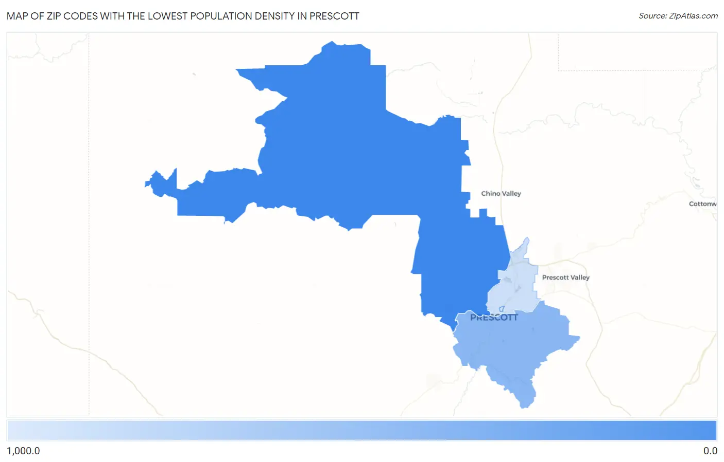 Zip Codes with the Lowest Population Density in Prescott Map