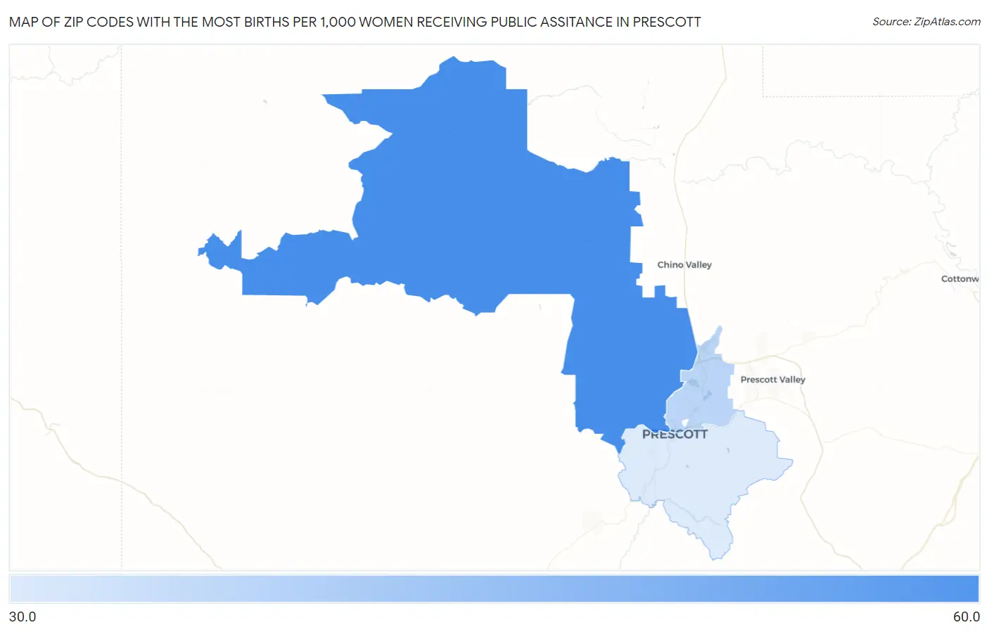 Zip Codes with the Most Births per 1,000 Women Receiving Public Assitance in Prescott Map