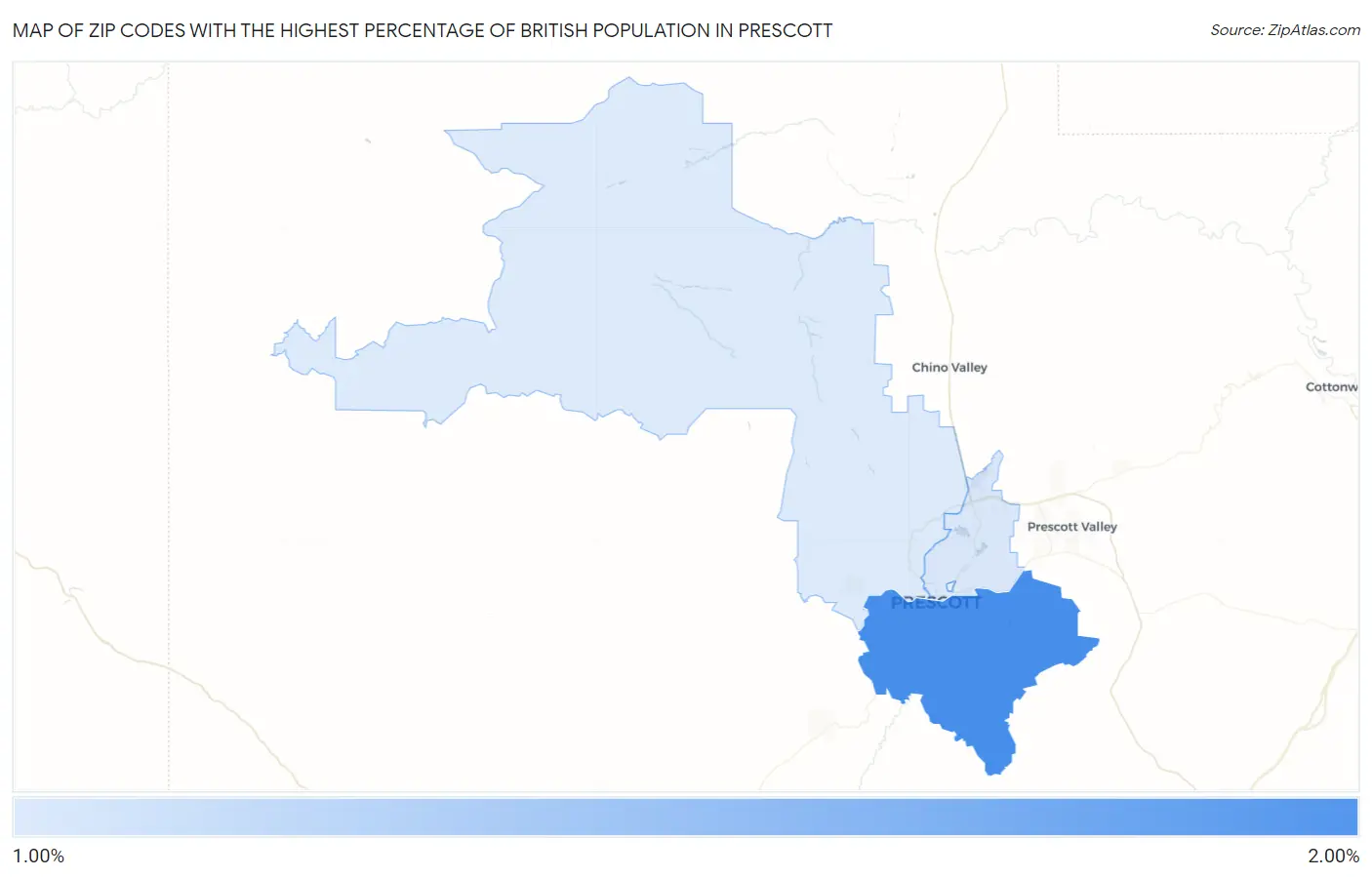 Zip Codes with the Highest Percentage of British Population in Prescott Map