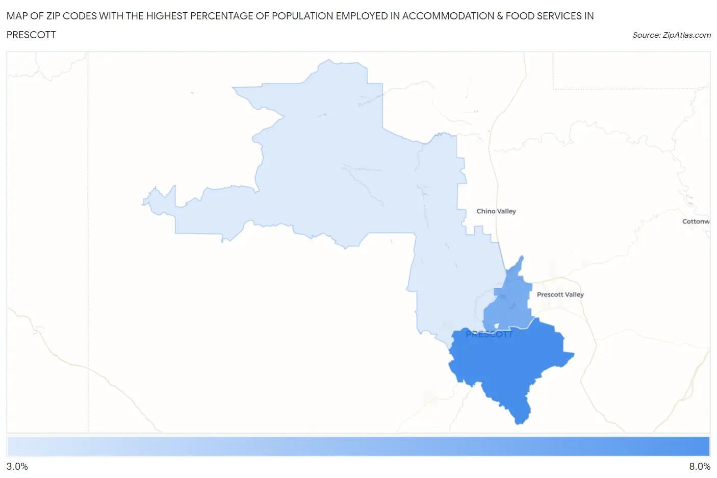 Zip Codes with the Highest Percentage of Population Employed in Accommodation & Food Services in Prescott Map