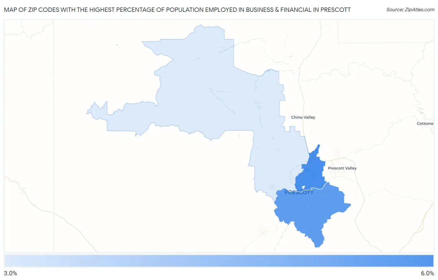 Zip Codes with the Highest Percentage of Population Employed in Business & Financial in Prescott Map