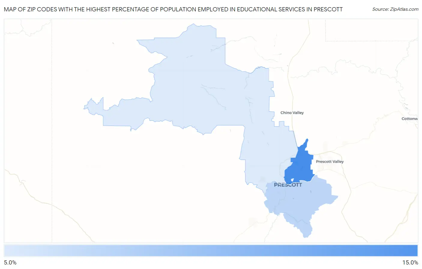 Zip Codes with the Highest Percentage of Population Employed in Educational Services in Prescott Map