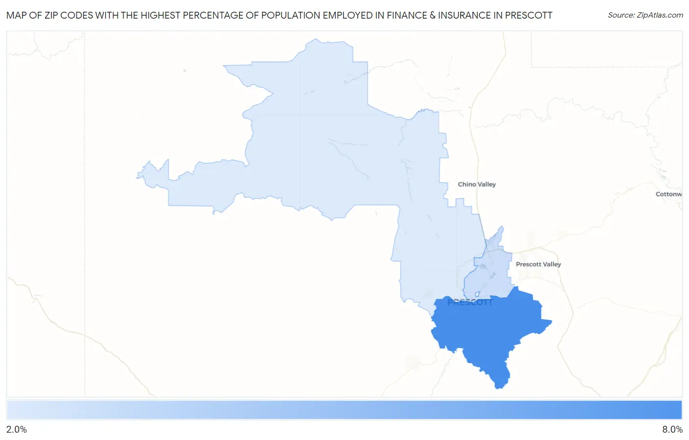 Zip Codes with the Highest Percentage of Population Employed in Finance & Insurance in Prescott Map