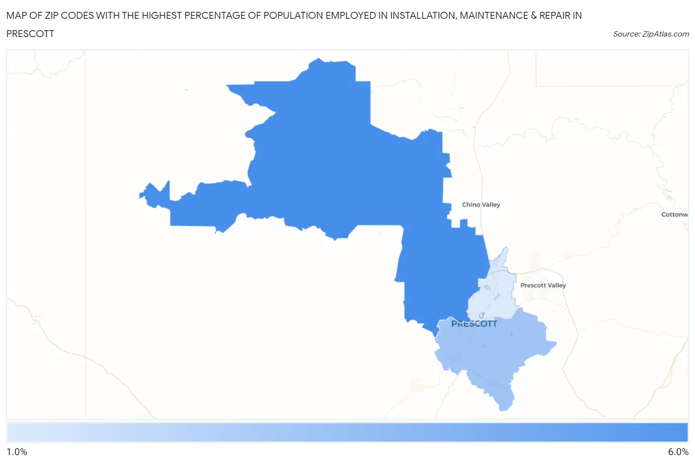 Zip Codes with the Highest Percentage of Population Employed in Installation, Maintenance & Repair in Prescott Map