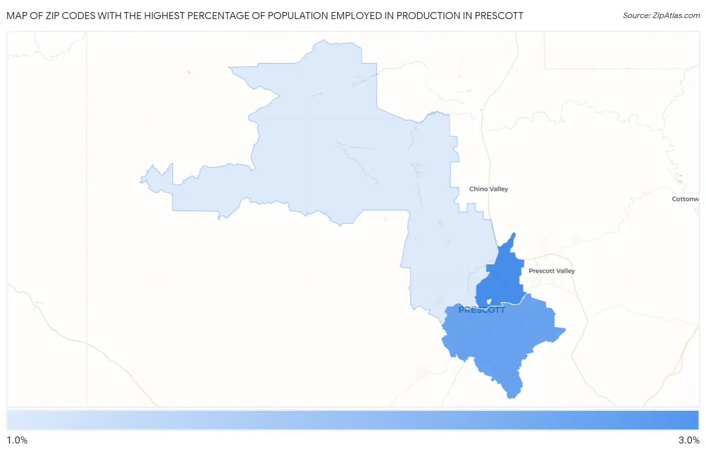 Zip Codes with the Highest Percentage of Population Employed in Production in Prescott Map