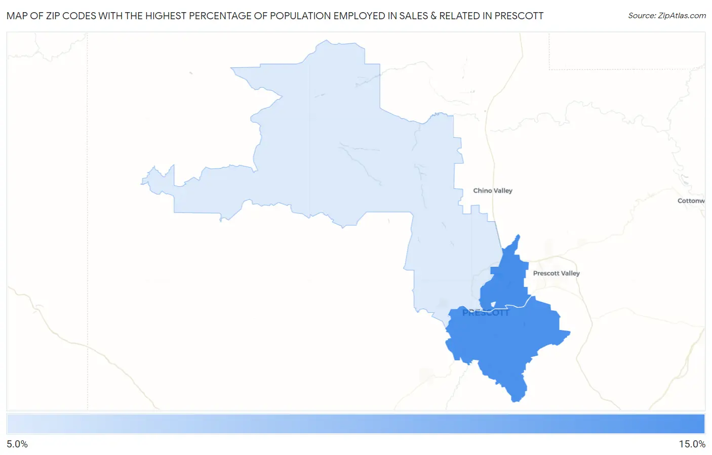 Zip Codes with the Highest Percentage of Population Employed in Sales & Related in Prescott Map