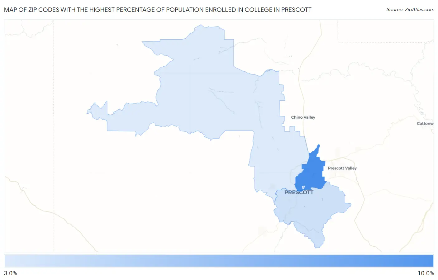 Zip Codes with the Highest Percentage of Population Enrolled in College in Prescott Map