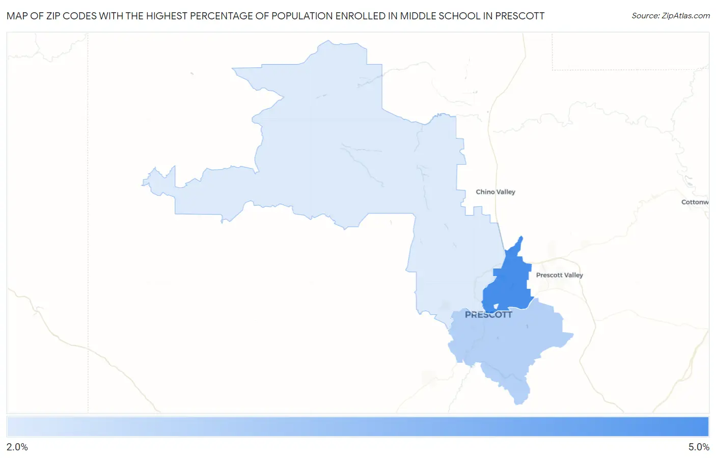 Zip Codes with the Highest Percentage of Population Enrolled in Middle School in Prescott Map