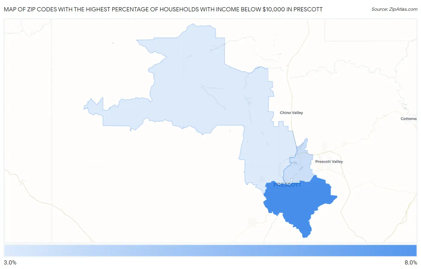 Zip Codes with the Highest Percentage of Households with Income Below $10,000 in Prescott Map
