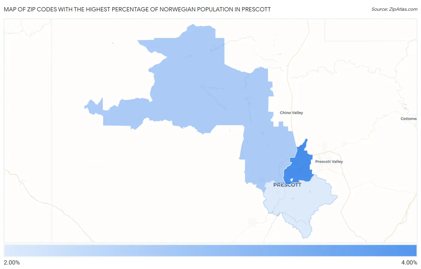 Zip Codes with the Highest Percentage of Norwegian Population in Prescott Map