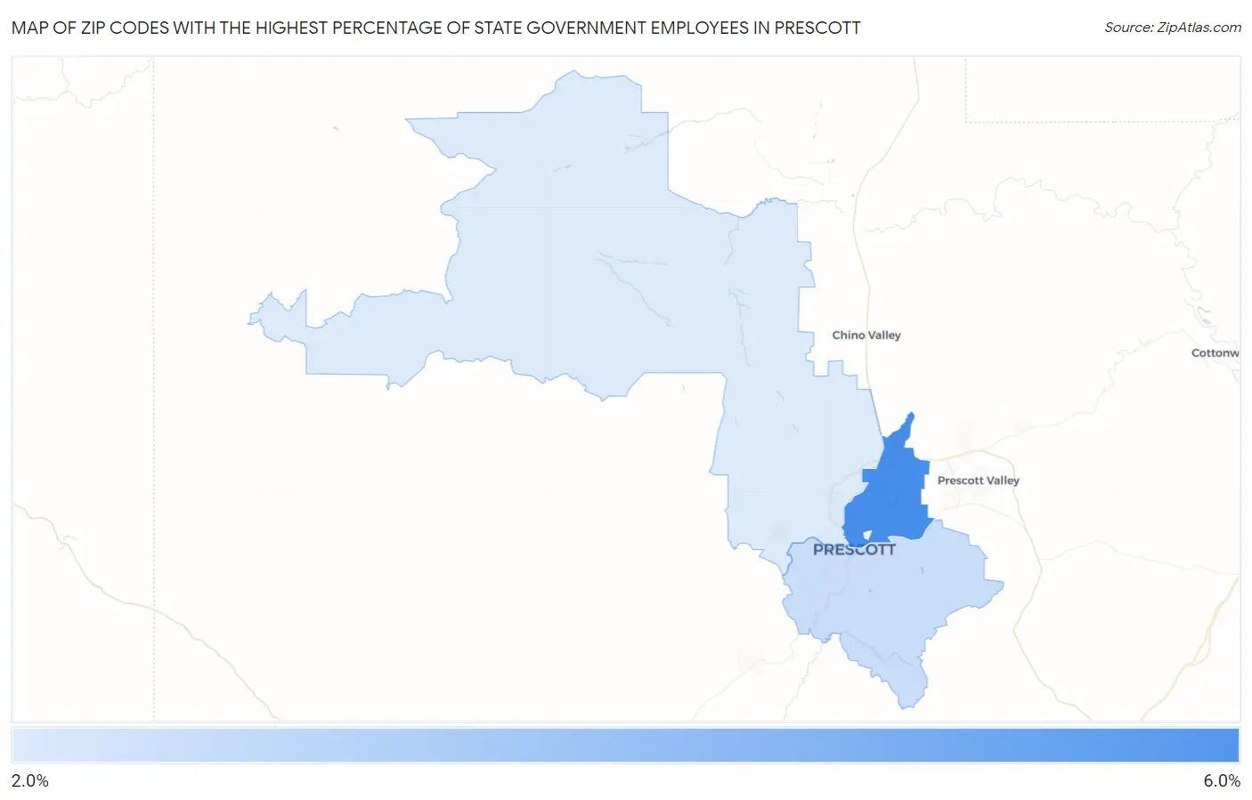 Zip Codes with the Highest Percentage of State Government Employees in Prescott Map