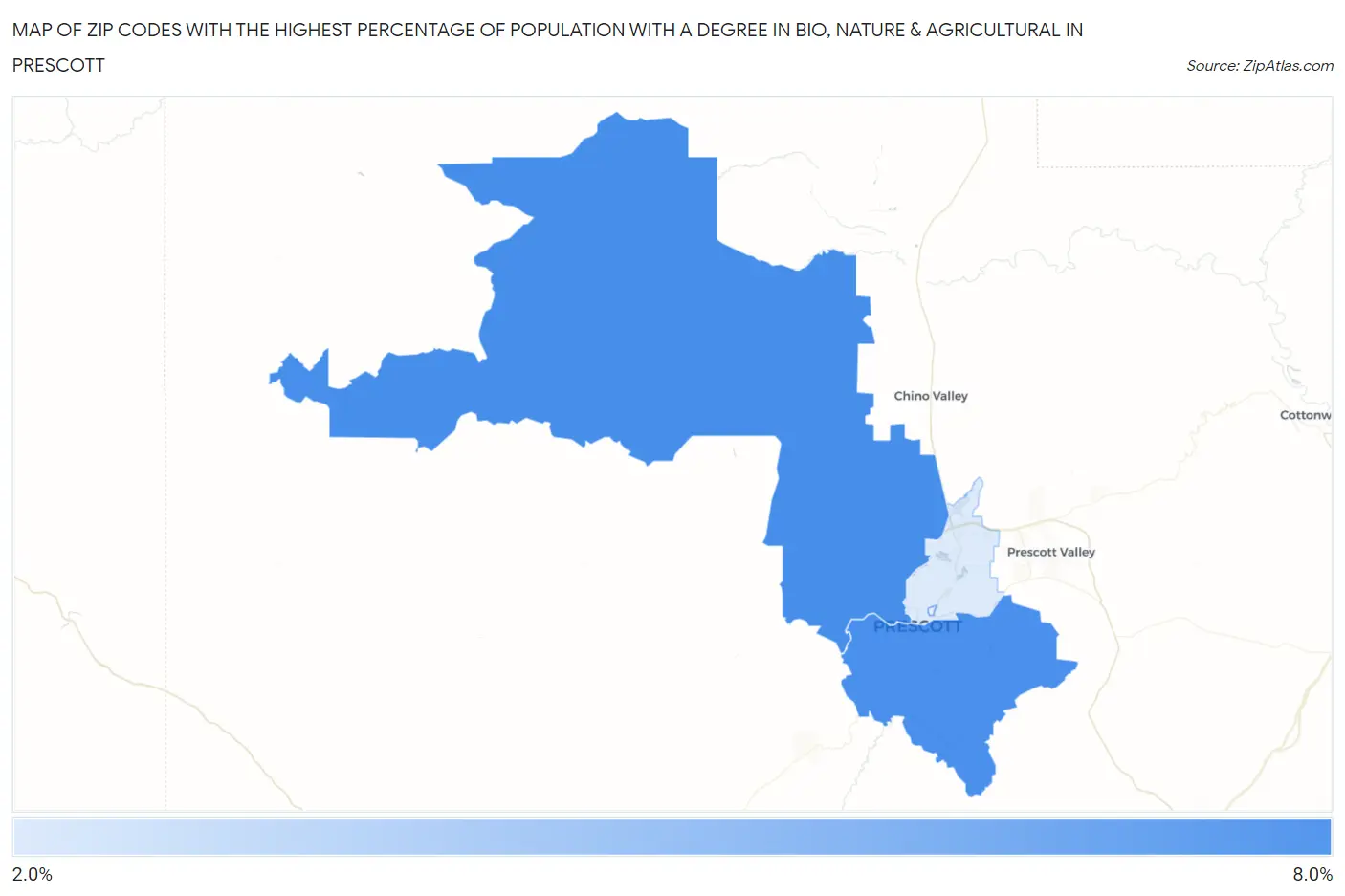 Zip Codes with the Highest Percentage of Population with a Degree in Bio, Nature & Agricultural in Prescott Map