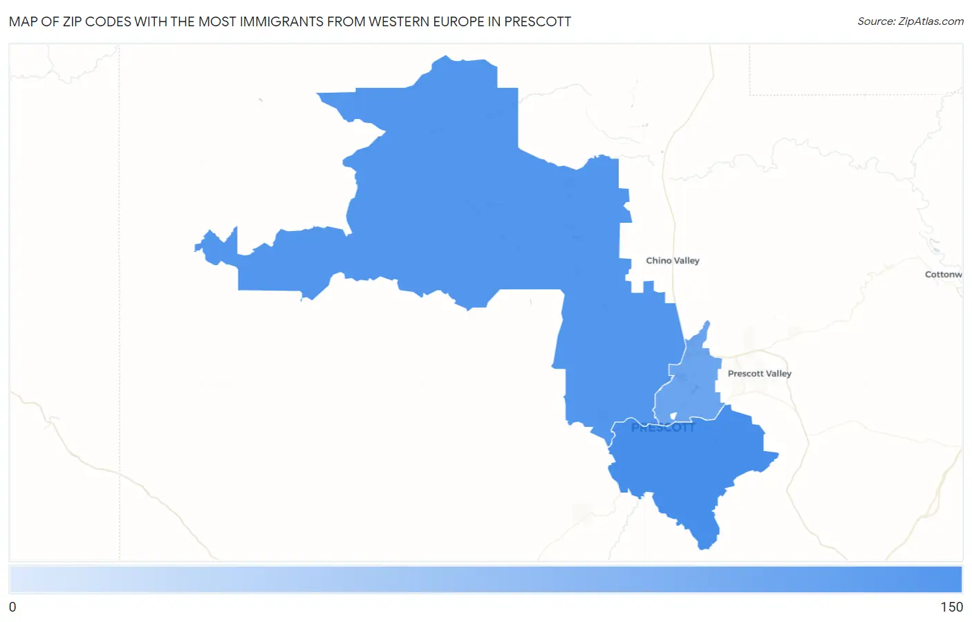 Zip Codes with the Most Immigrants from Western Europe in Prescott Map