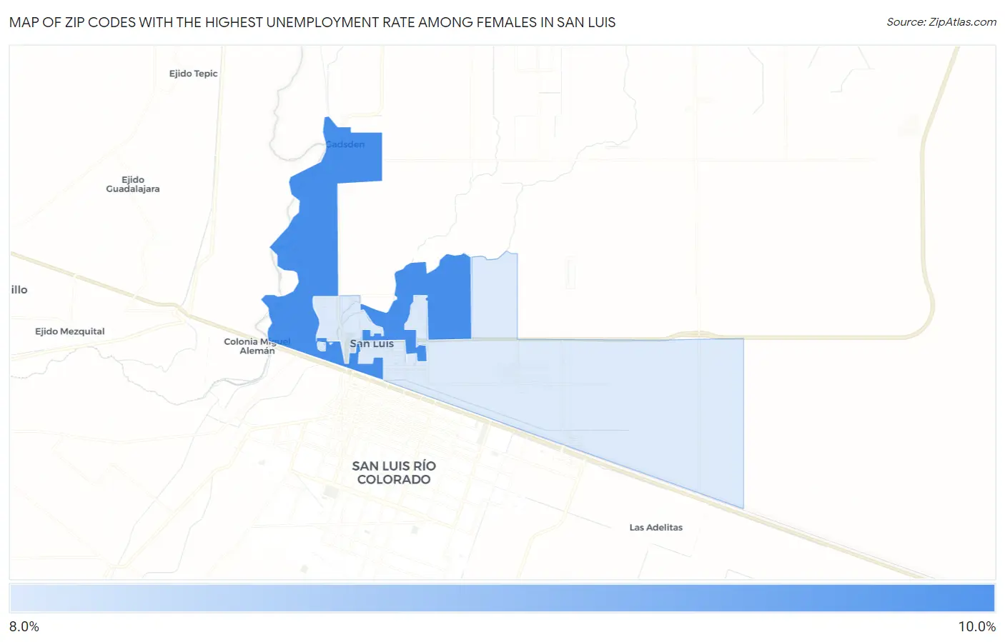 Zip Codes with the Highest Unemployment Rate Among Females in San Luis Map