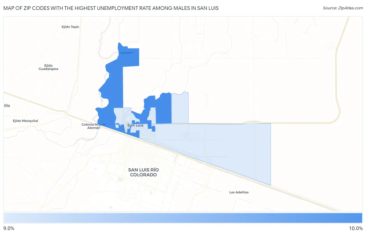 Zip Codes with the Highest Unemployment Rate Among Males in San Luis Map