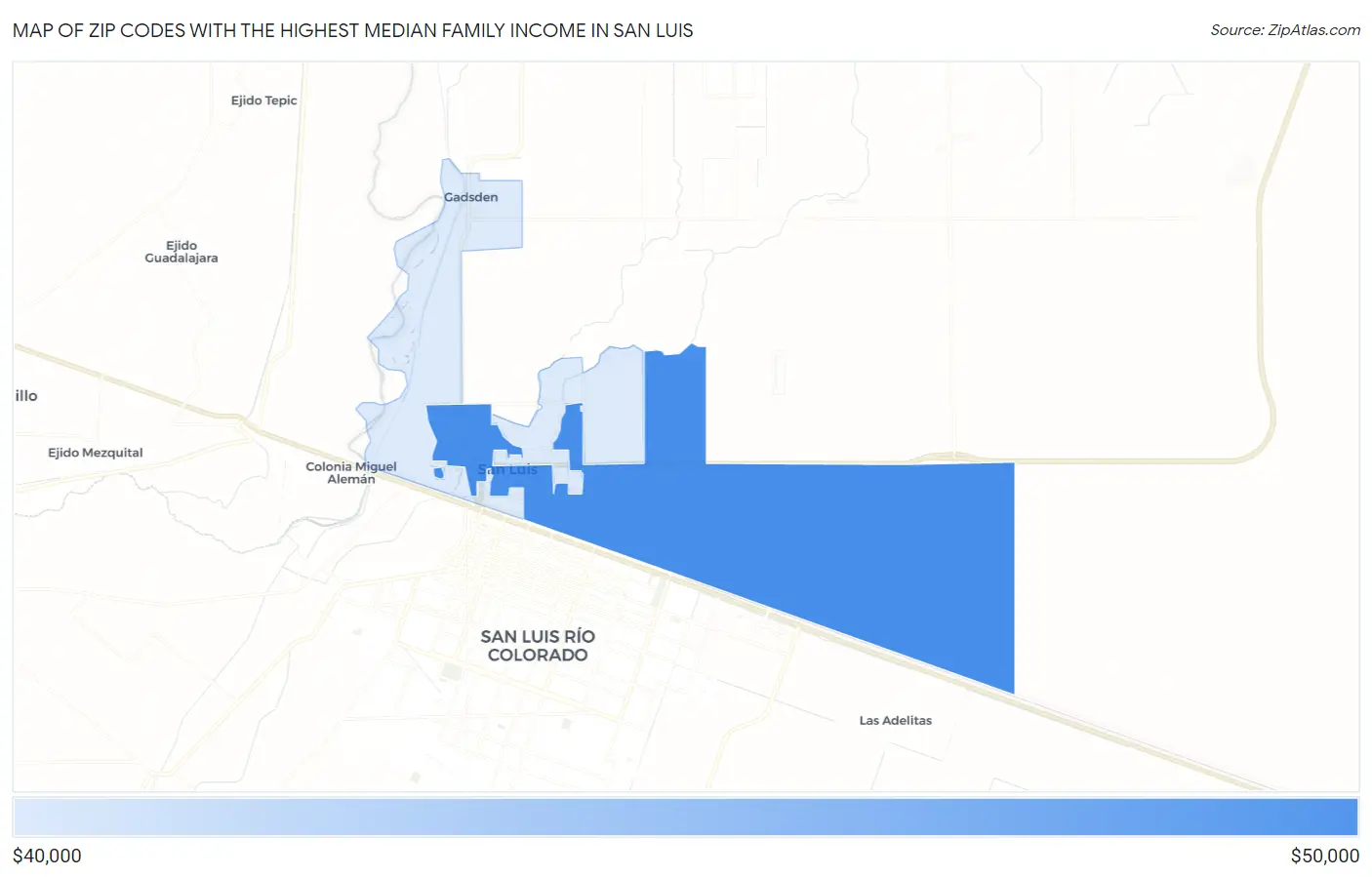 Zip Codes with the Highest Median Family Income in San Luis Map