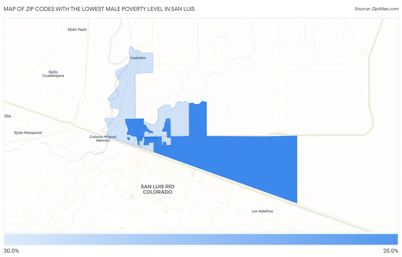 Zip Codes with the Lowest Male Poverty Level in San Luis Map