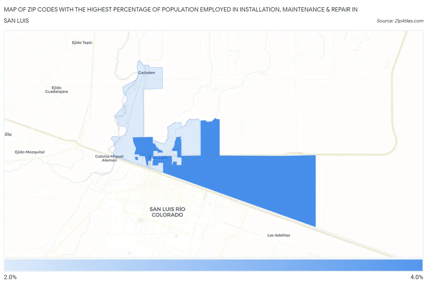 Zip Codes with the Highest Percentage of Population Employed in Installation, Maintenance & Repair in San Luis Map