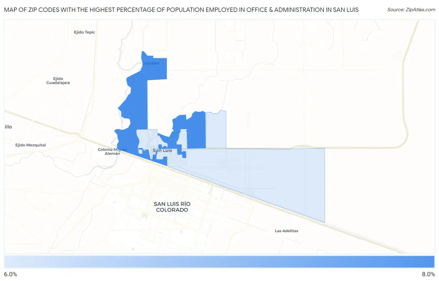 Zip Codes with the Highest Percentage of Population Employed in Office & Administration in San Luis Map