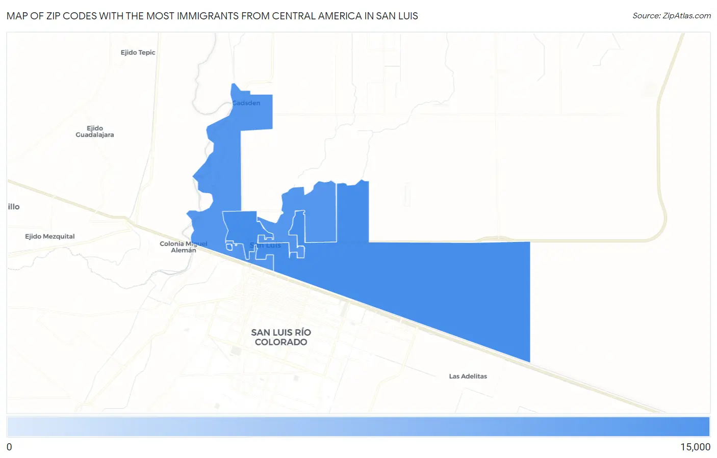 Zip Codes with the Most Immigrants from Central America in San Luis Map
