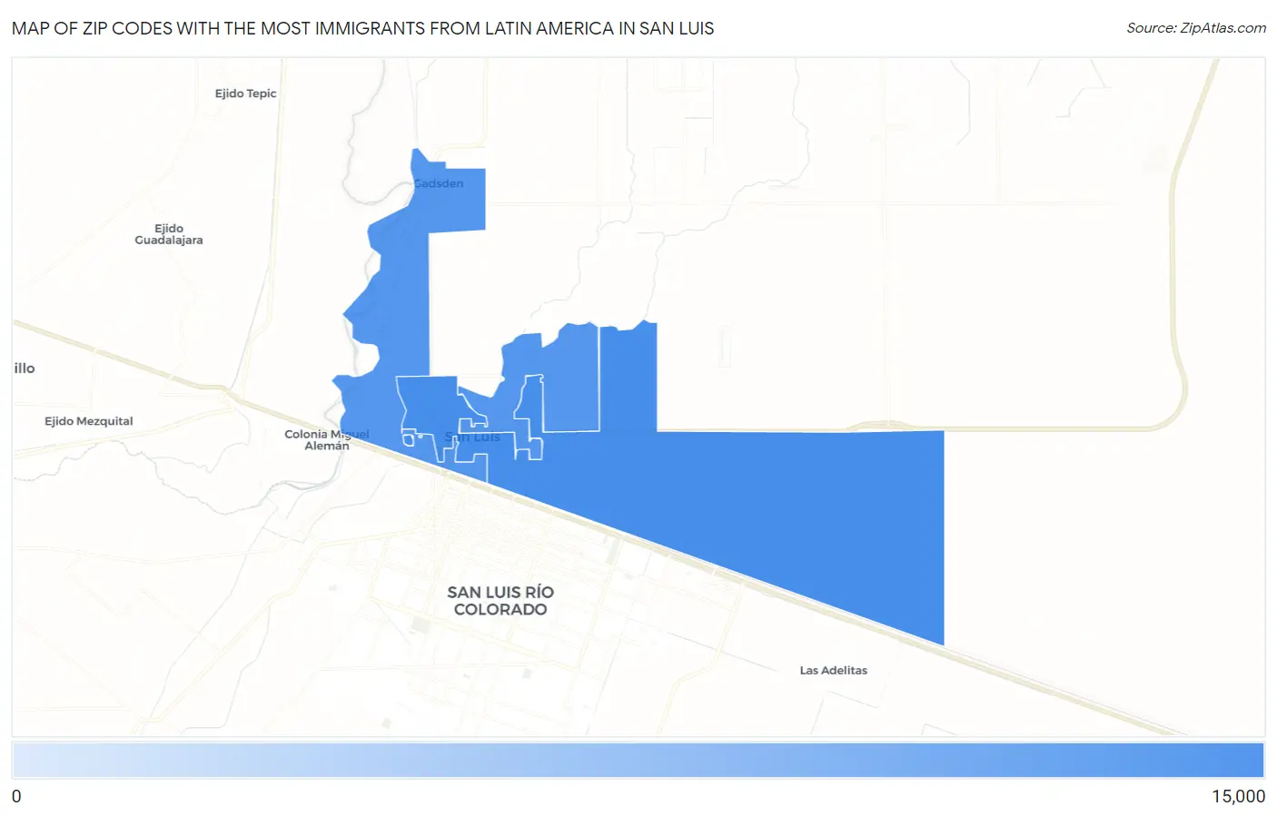 Zip Codes with the Most Immigrants from Latin America in San Luis Map