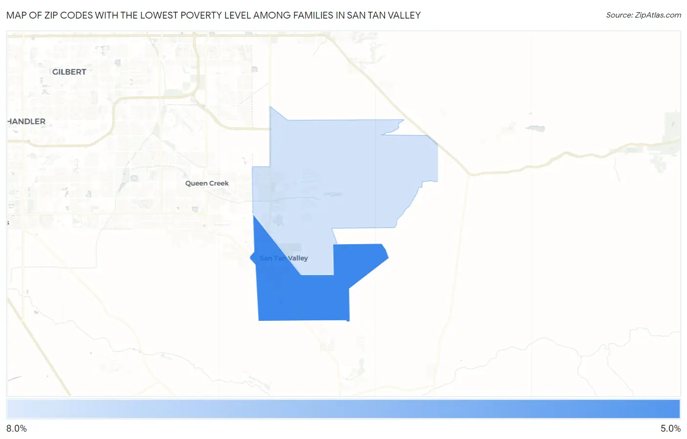 Zip Codes with the Lowest Poverty Level Among Families in San Tan Valley Map
