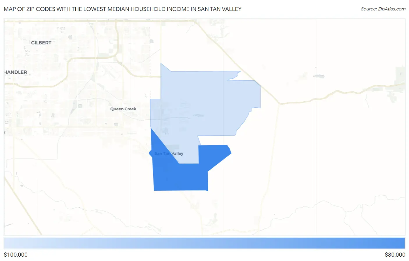 Zip Codes with the Lowest Median Household Income in San Tan Valley Map