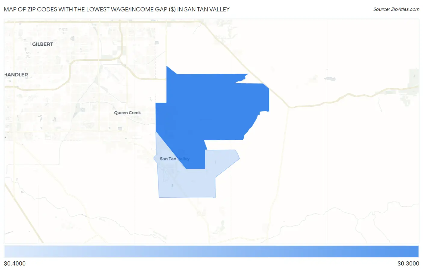 Zip Codes with the Lowest Wage/Income Gap ($) in San Tan Valley Map