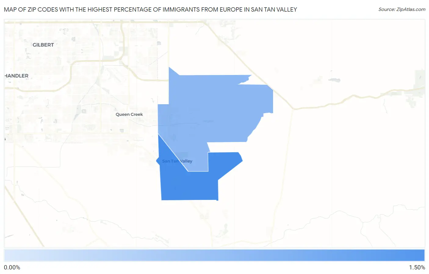 Zip Codes with the Highest Percentage of Immigrants from Europe in San Tan Valley Map