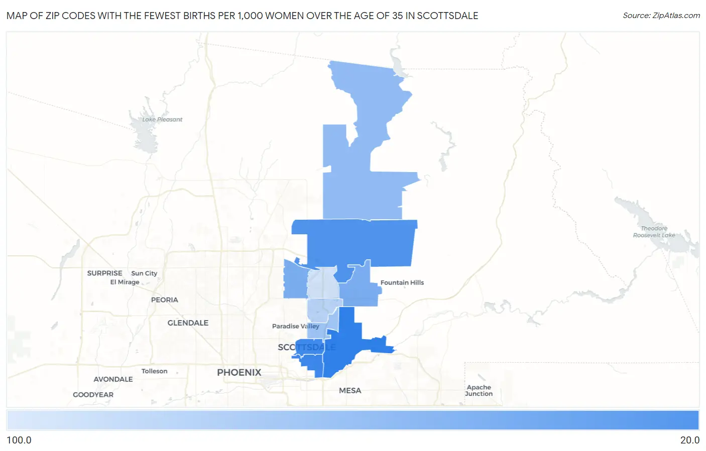 Zip Codes with the Fewest Births per 1,000 Women Over the Age of 35 in Scottsdale Map