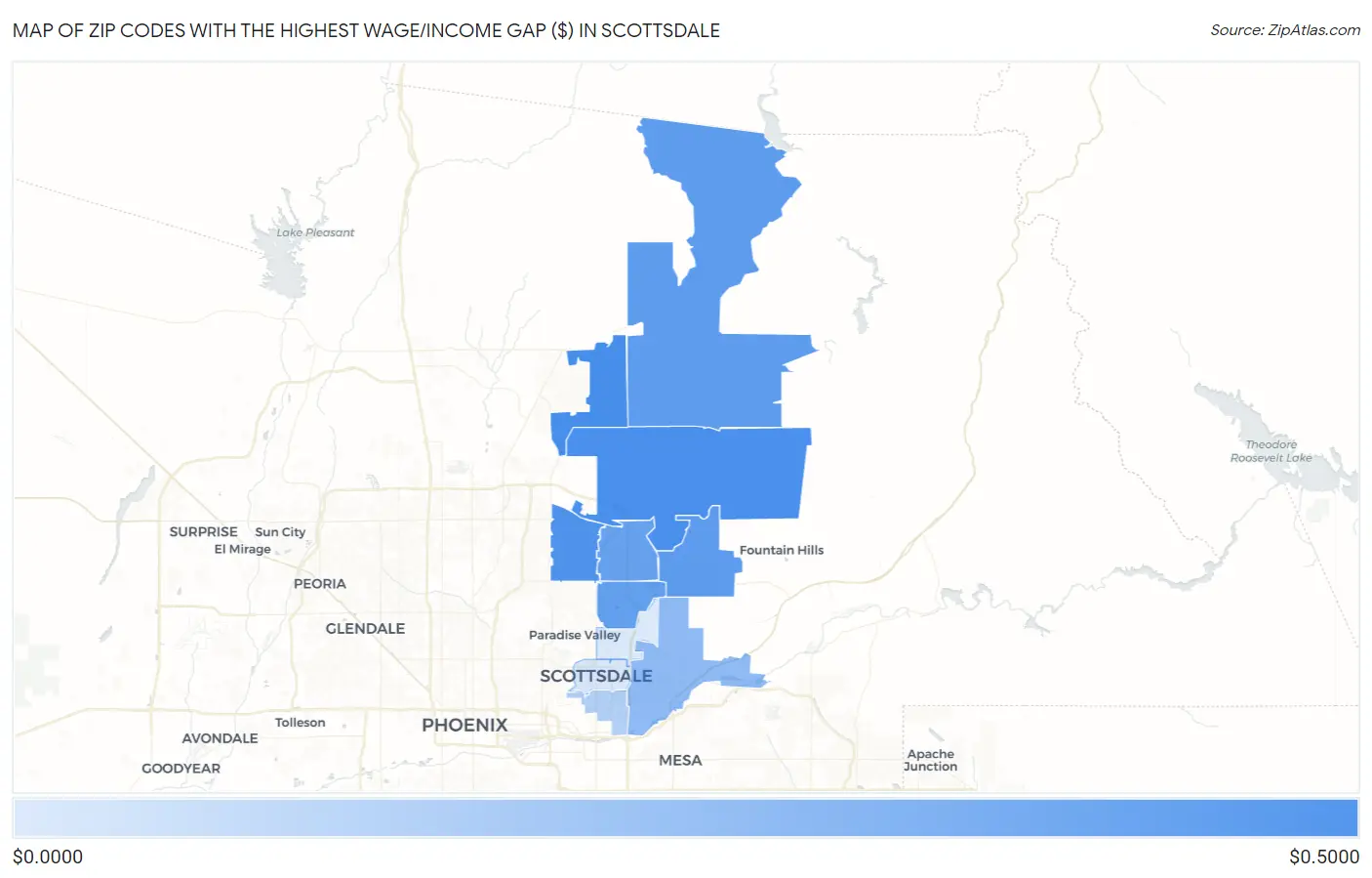 Zip Codes with the Highest Wage/Income Gap ($) in Scottsdale Map