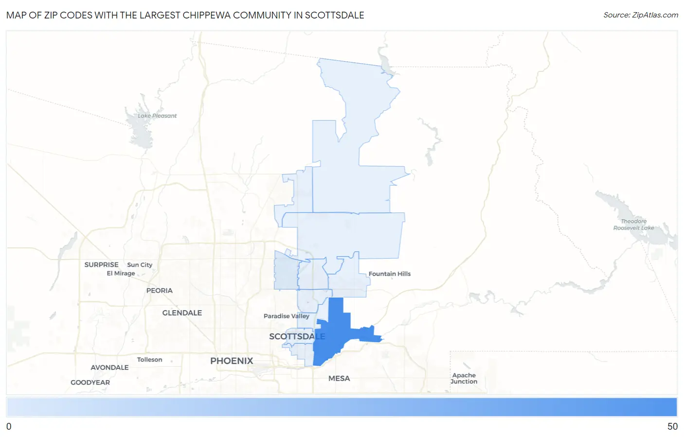 Zip Codes with the Largest Chippewa Community in Scottsdale Map