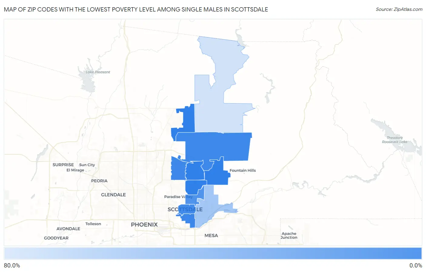 Zip Codes with the Lowest Poverty Level Among Single Males in Scottsdale Map
