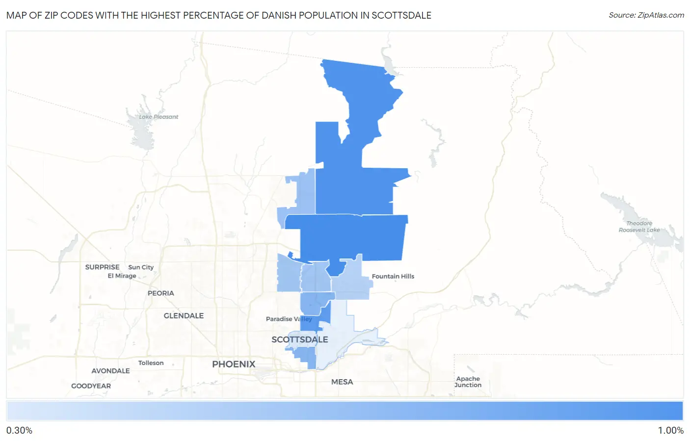 Zip Codes with the Highest Percentage of Danish Population in Scottsdale Map