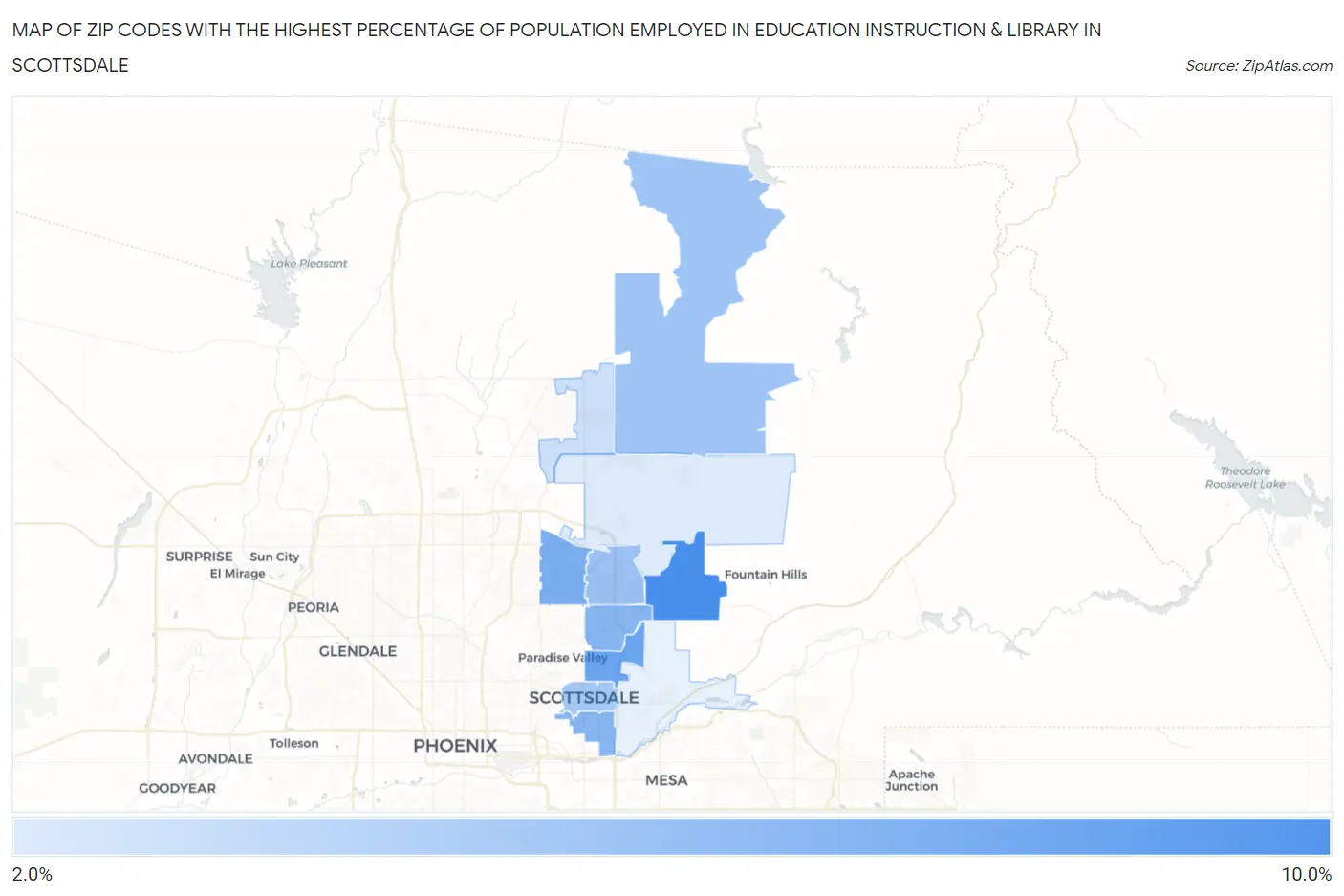 Zip Codes with the Highest Percentage of Population Employed in Education Instruction & Library in Scottsdale Map