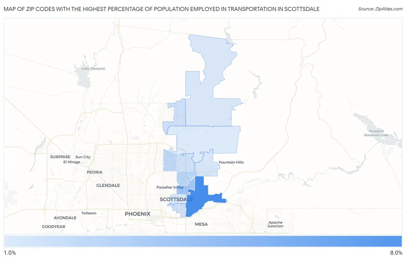 Zip Codes with the Highest Percentage of Population Employed in Transportation in Scottsdale Map