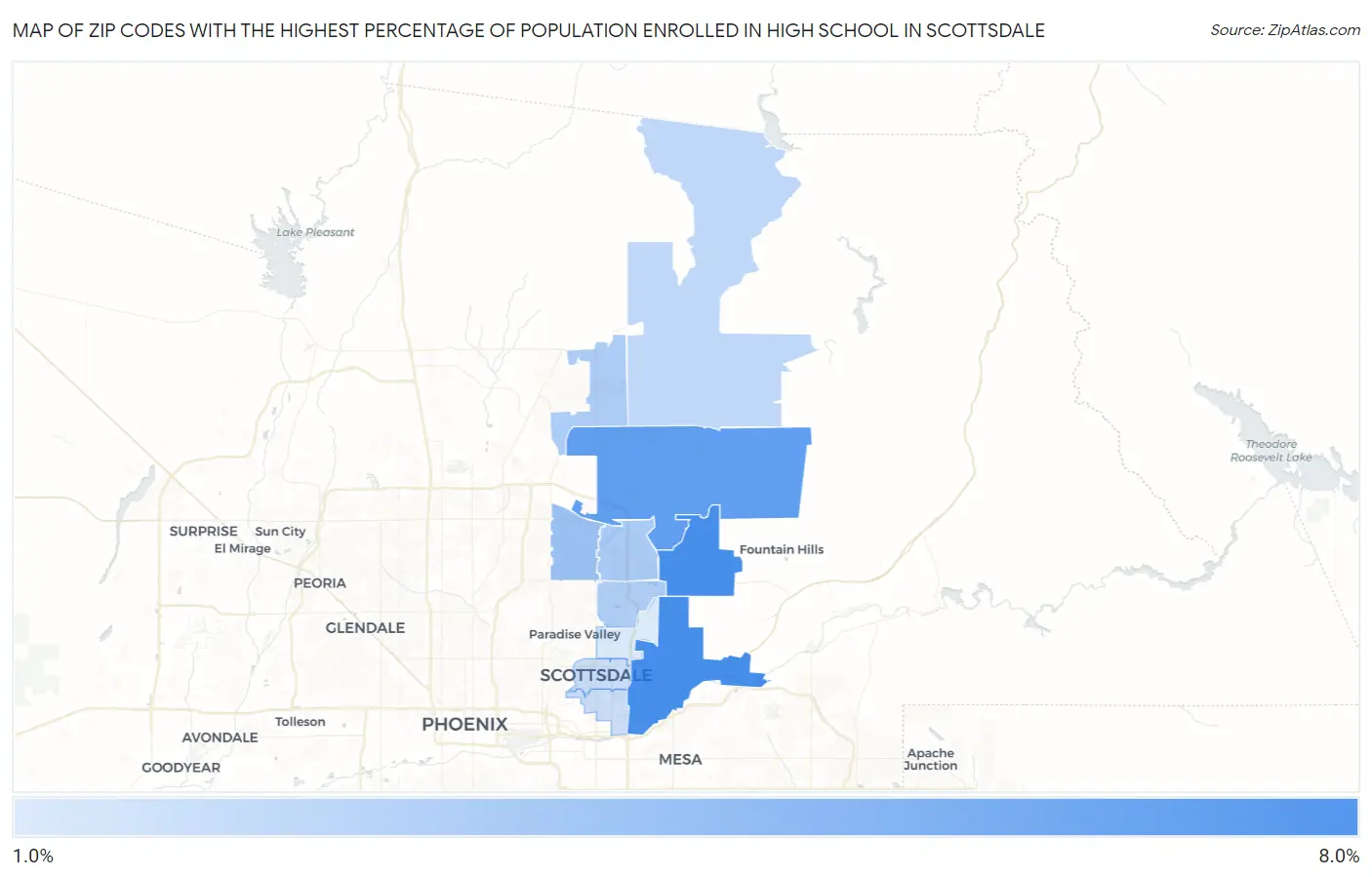 Zip Codes with the Highest Percentage of Population Enrolled in High School in Scottsdale Map