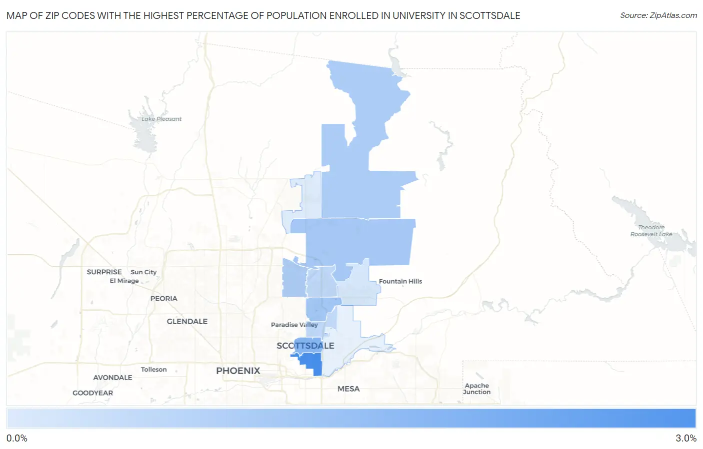 Zip Codes with the Highest Percentage of Population Enrolled in University in Scottsdale Map