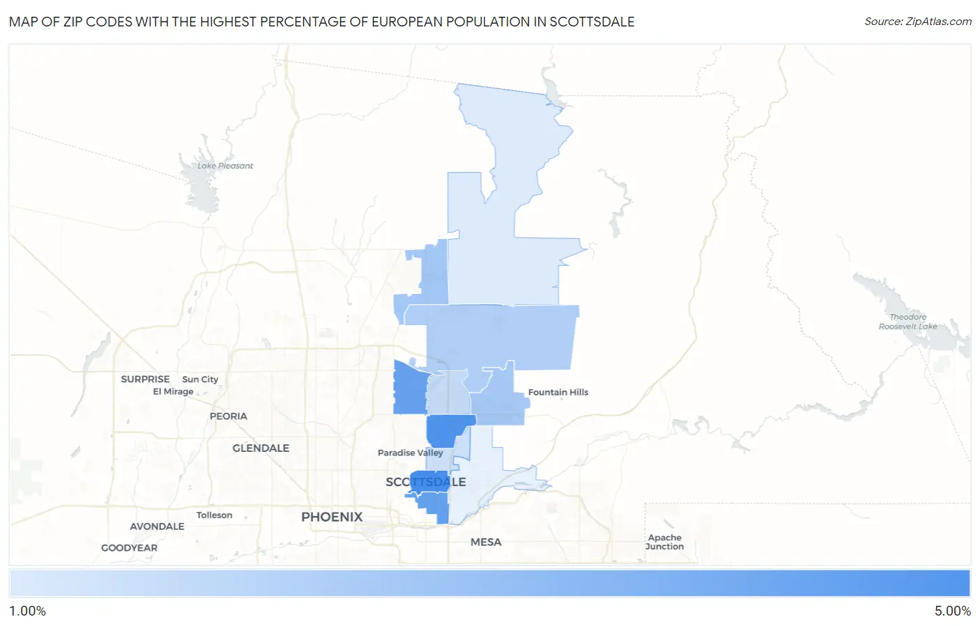 Zip Codes with the Highest Percentage of European Population in Scottsdale Map