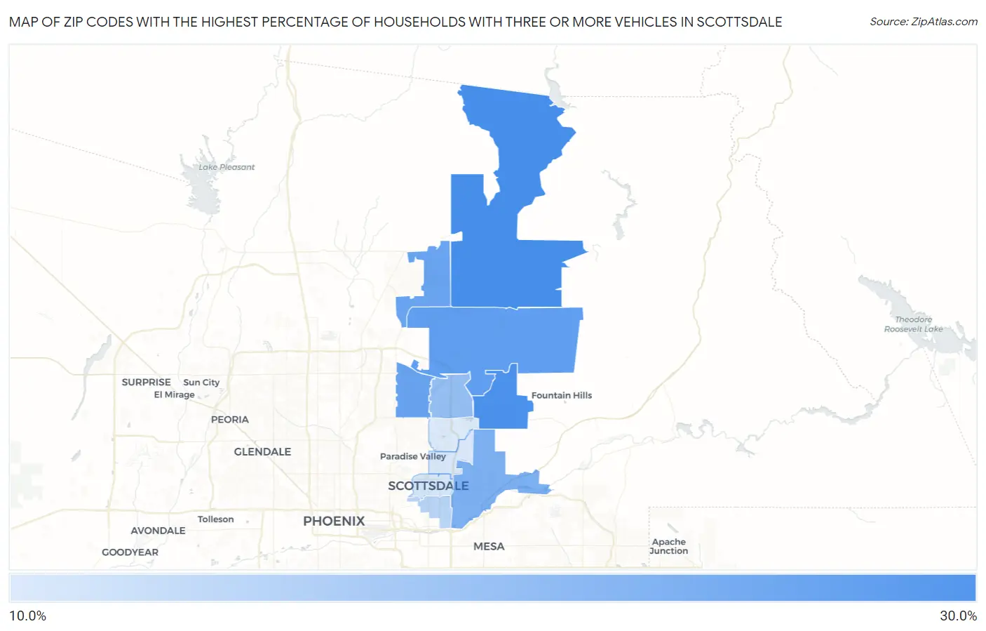 Zip Codes with the Highest Percentage of Households With Three or more Vehicles in Scottsdale Map