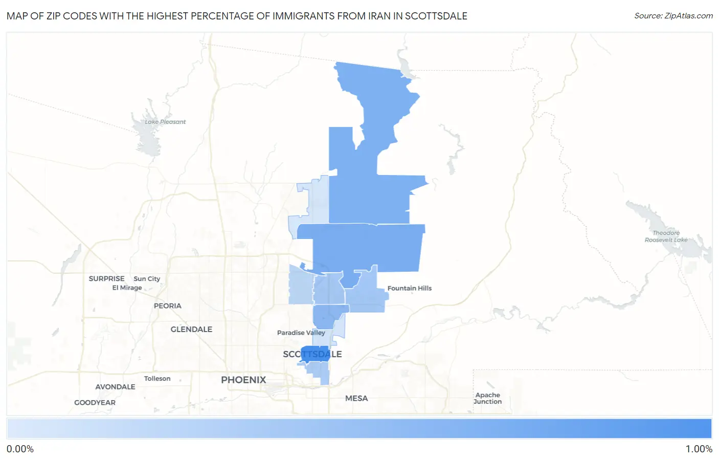 Zip Codes with the Highest Percentage of Immigrants from Iran in Scottsdale Map